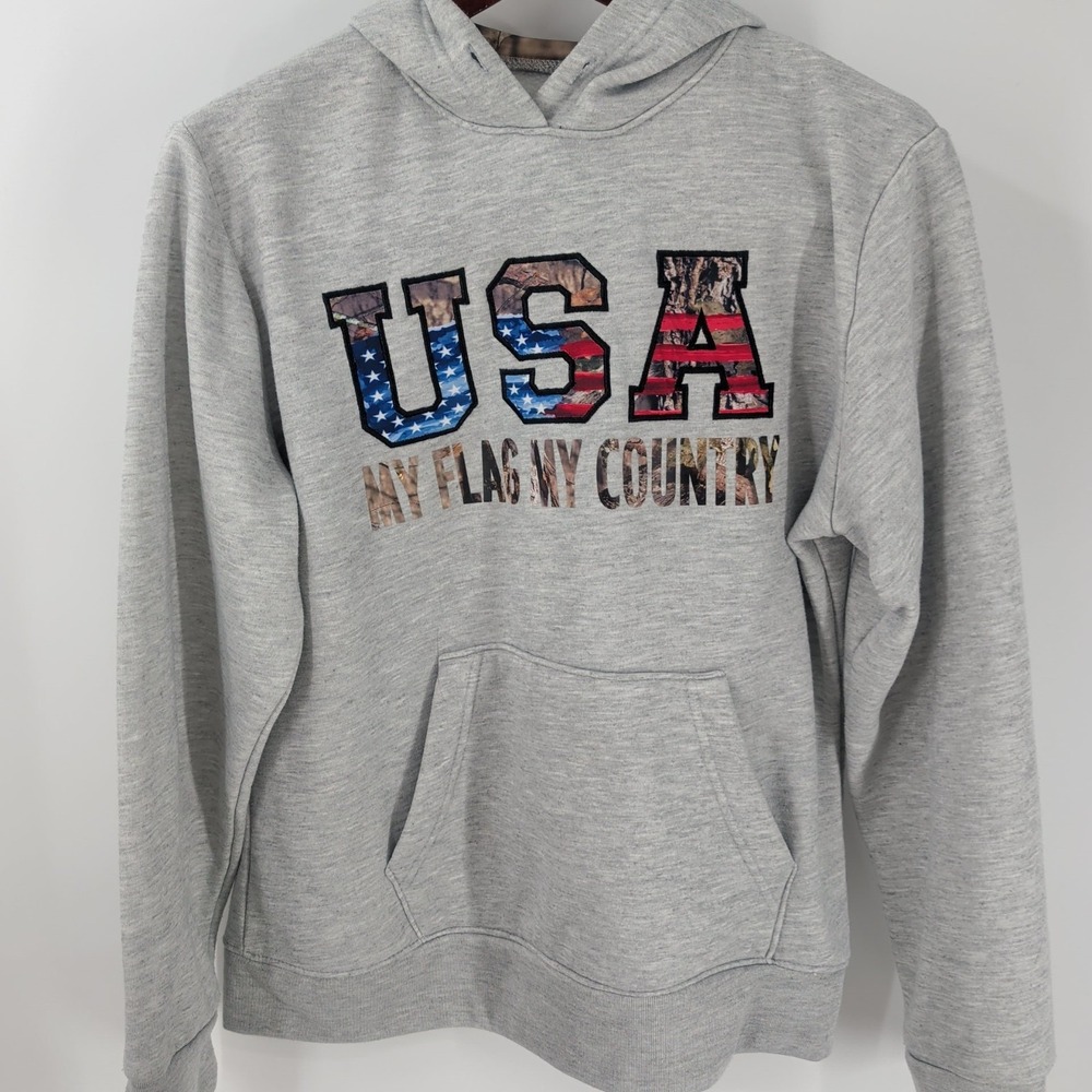 Mossy Oak USA My Flag My‎ Country Spellout Pullover Hoodie Heather Camo Size M